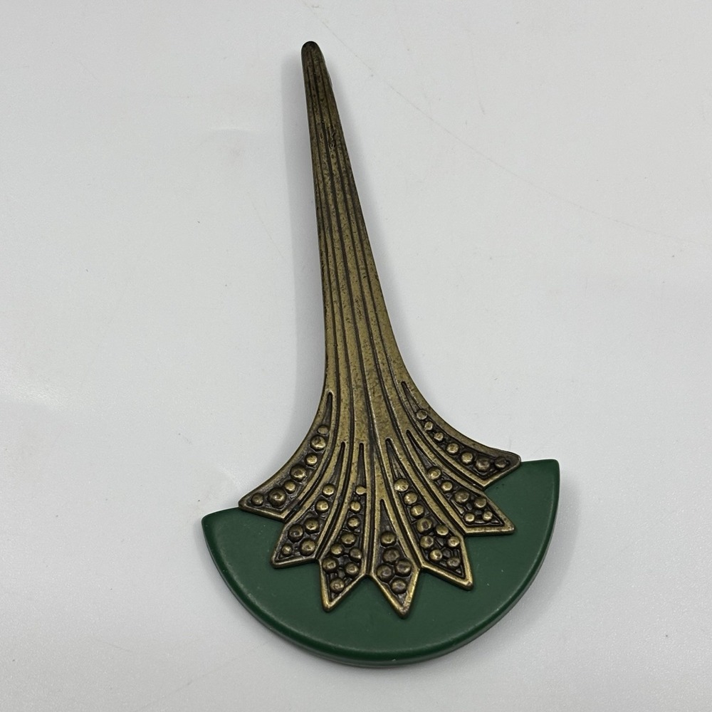 Vintage Art Deco Style Fan Brooch Statement Metal Plastic Bronze Green Pin